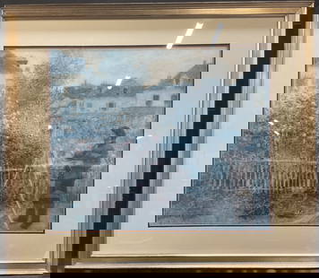 Framed Renoir Litho, Monet Painting In Garden: Framed and matted lithograph, artwork by Pierre Auguste Renoir. Titled Claude Monet Painting In His Garden At Argenteuil (1873). Framed in silver tone wood frame. Not examined out of frame. Frame