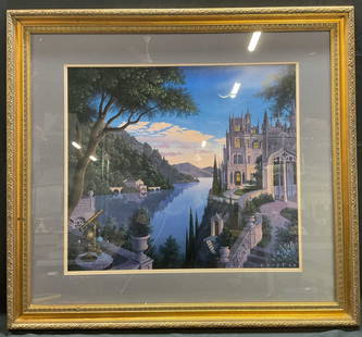 Framed Jim Buckels Cheshire Moon Lithograph: Framed lithograph with artwork by Jim Buckels. Signed in print at lower right. Exterior scene of mansion on water with telescope in foreground. Framed and matted in decorative gilt wood frame.