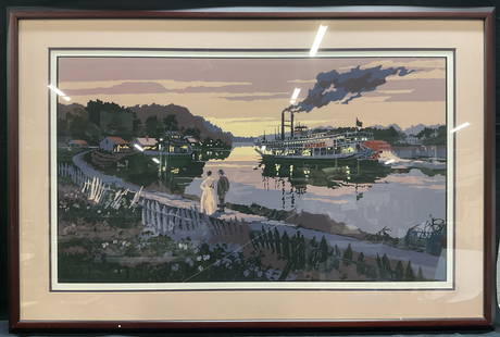 Framed Signed Ron Picou River Road Serigraph: Framed and matted limited edition signed serigraph by Ron Picou. Signed and dated 1989 at lower left. edition number 2559/3500. Two figured walking on road along river with houses in background