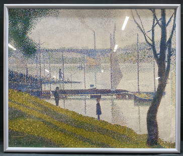 Framed 1987 Met Museum Impressionism Poster: Framed 1987 Impressionism and Post Impressionism Masterpieces exhibition poster. The Metropolitan museum of Art. Image of The Bridge at Courbevoie by Georges Seurat. Framed in blue metal frame.