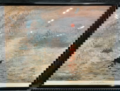 Framed Claude Monet Sunrise Lithograph: Framed lithograph. Claude Monet, Sunrise. Published by The New York Graphic Society. Impressionism view of figures in boat on water with sunrise. Framed in black frame. Not examined out of frame.