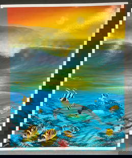 Robert Wyland North Shore Surf Lithograph: Robert Wyland lithograph. Titled North Shore Surf. Artist signature in print at center along edge. Original artwork dated 1996. Sea life with turtle and fish, wave, and sun. Print measures approx