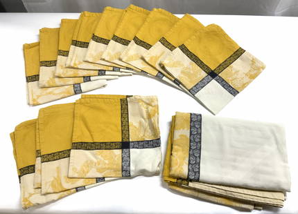 Set 13 Table Linens & Table Cloth: Lot includes 12 table linens, & 1 table cloth. Each piece has gold, black and sand tones with grape, leaf & butterfly detail. Table cloth measures approx 63.5 inches square. Table linens, table