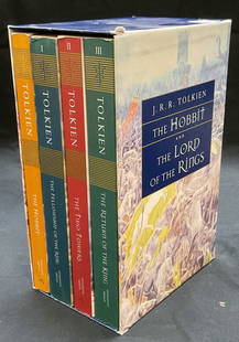 1997 JRR Tolkien Hobbit Lord of Rings Box Set 4: J. R. R. Tolkien book box set. Includes The Hobbit and The Lord of The Rings trilogy. Softcover books. Published by Houghton Mifflin, 1997. Books measure approx 8 x 5.25 inches each. All books