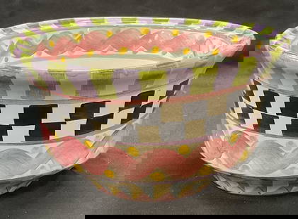 Mackenzie Childs Piccadilly Terracotta Bowl: Mackenzie Childs terracotta ceramic bowl in Piccadilly pattern. Stripe, checkered, and wave pattern in pastel hues of purple, green, pink, and yellow. Signed to underside. Measures approx. 8 x