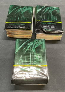 Group Lot 100+ Alien Legacy Trading Cards: Group lot of 100+ pieces Alien Legacy vintage trading cards. Cards measure approx 3.5 x 2.5 inches. Not examined individually or for set completion. All cards may have some wear consistent with