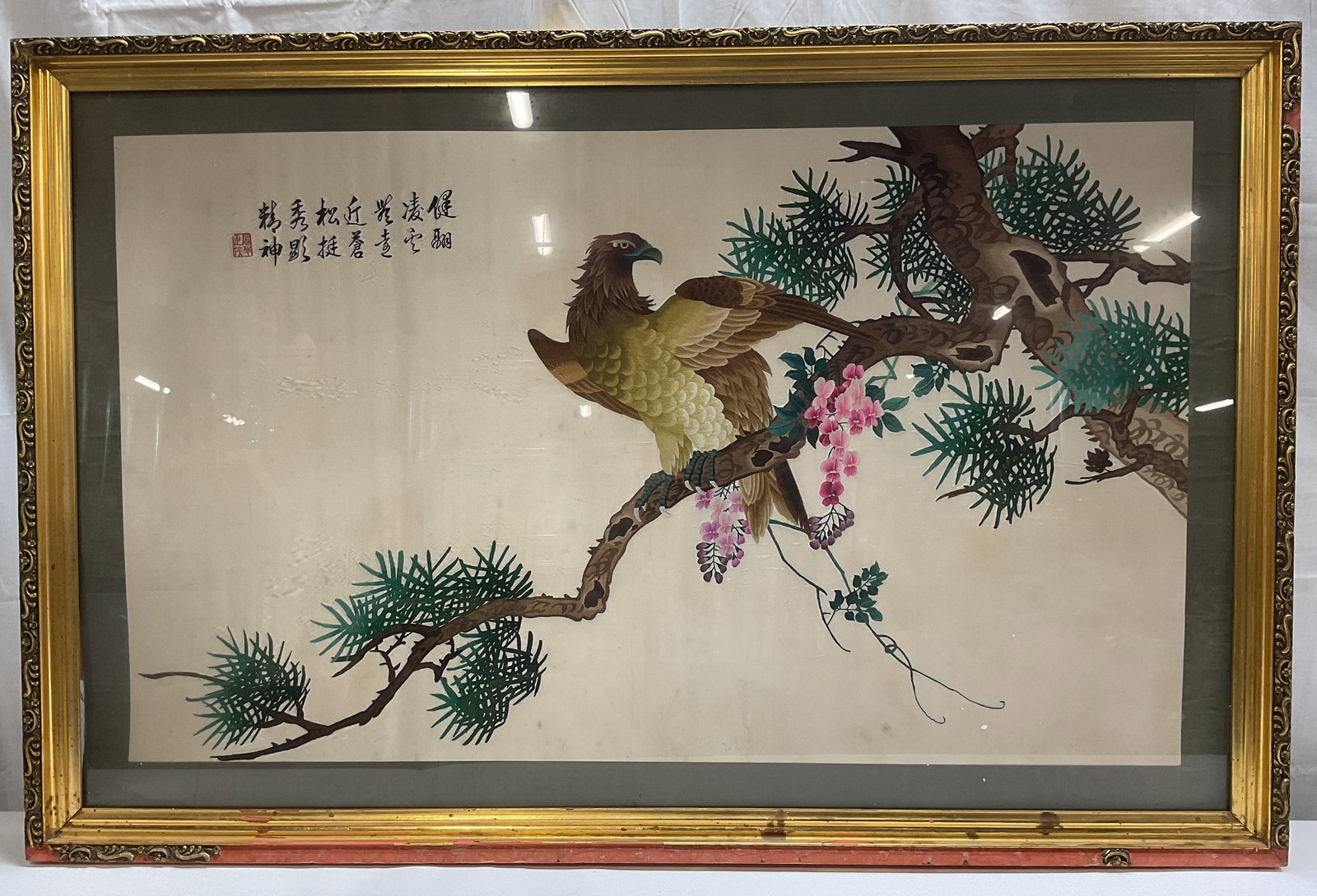 Framed Chinese Embroidered Hawk Panel (1 of 7)
