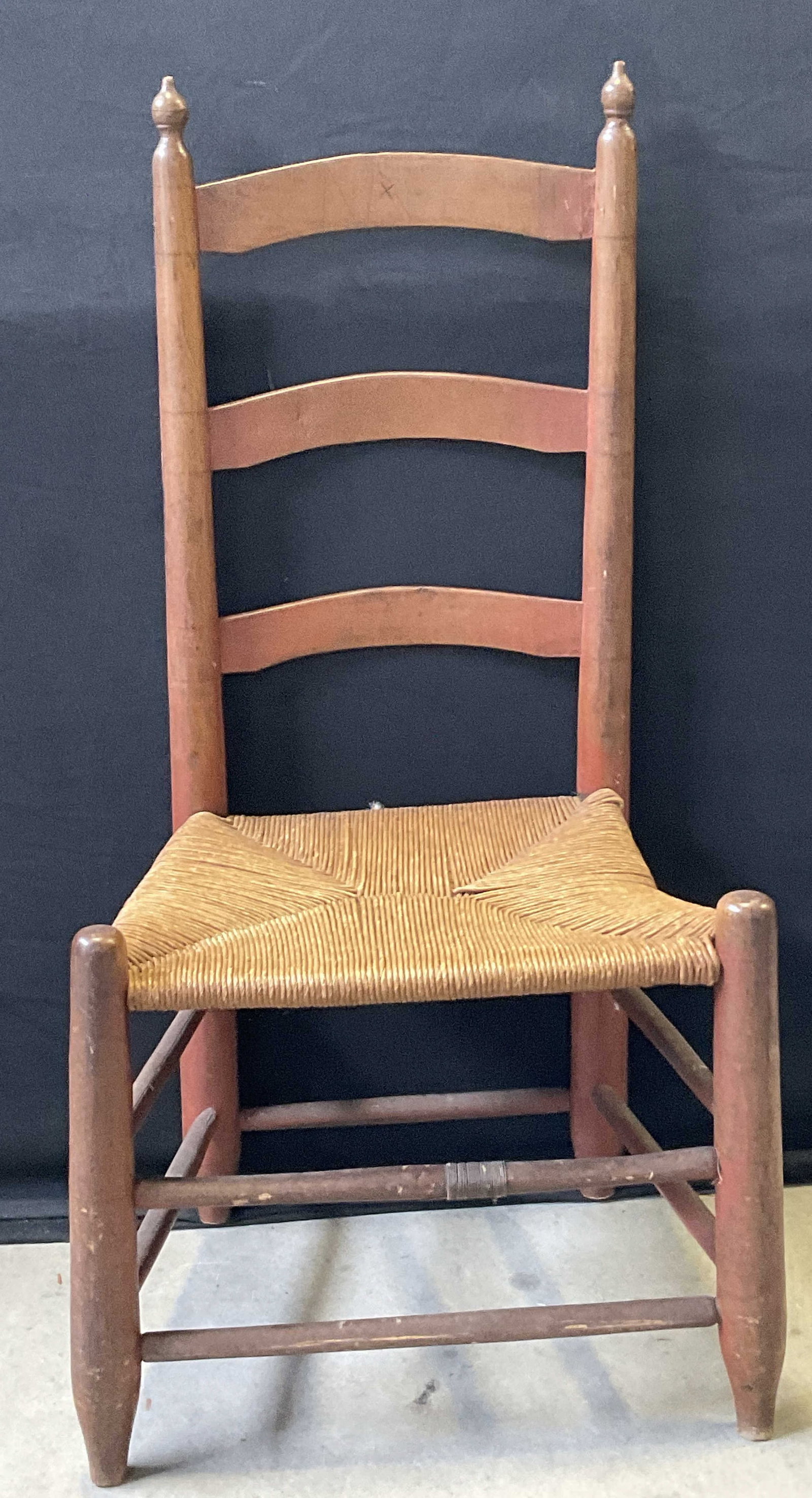 Vintage Wood Frame Rush Seated Side Chair: Vintage Wood Frame Rush Seated Side Chair. Measures approx. 35H x 18W x 13D in. Cracking, losses, chipping, discoloration, and surface wear present. home decor, home accents, homewares, housewares, ho