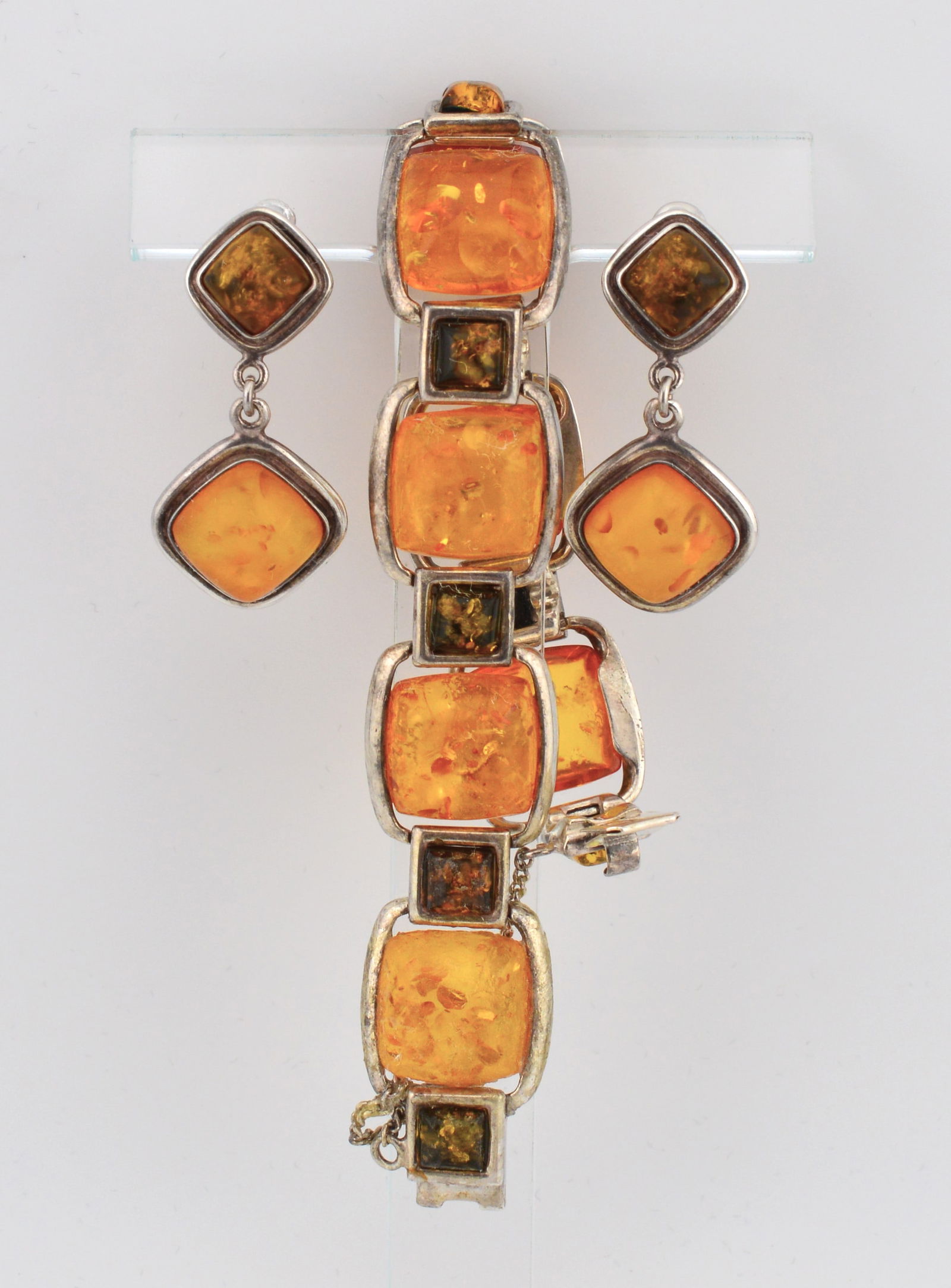 Vntg Sterling Silver Faux Amber Bracelet &Earrings (1 of 3)