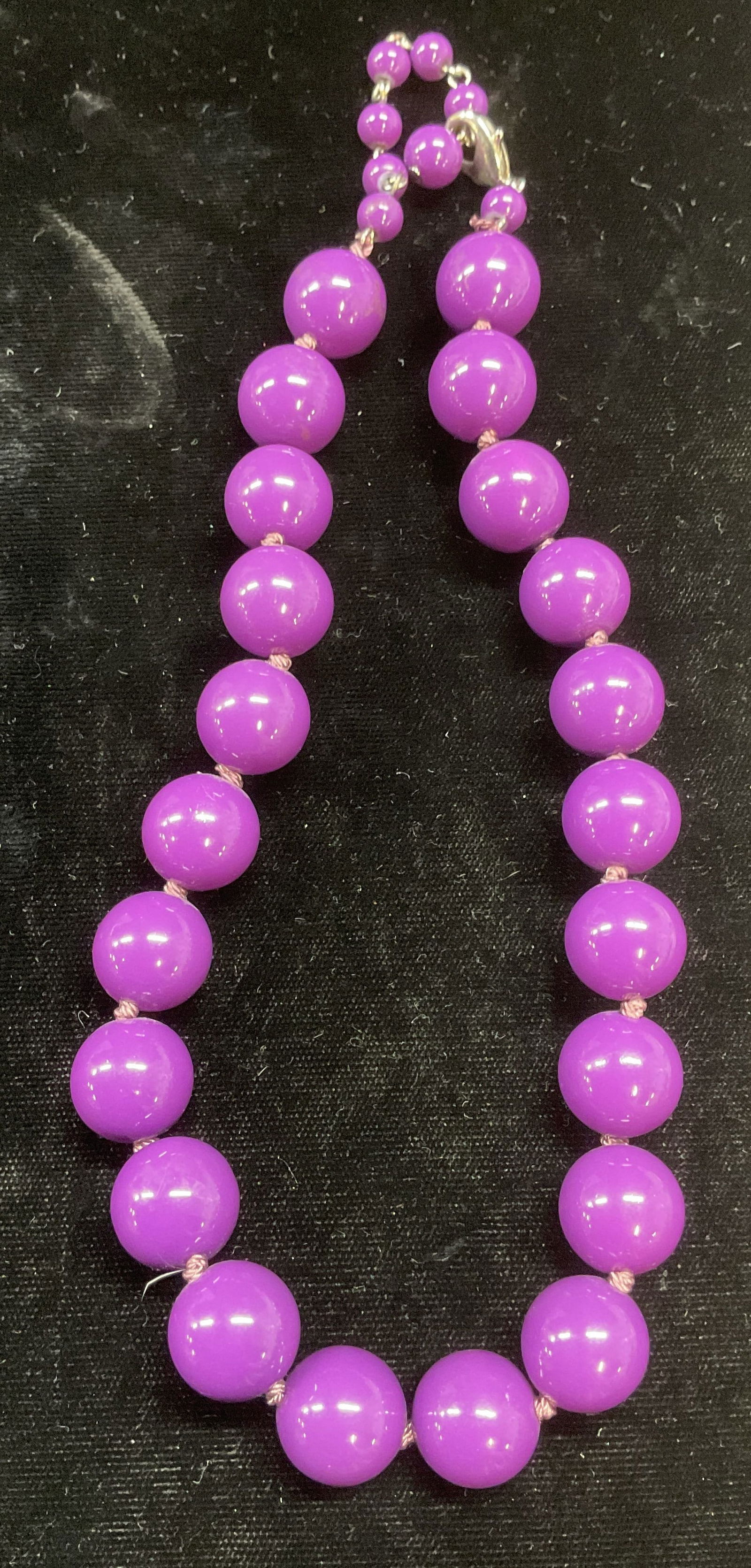 Vintage Purple Beaded Choker Necklace: Vintage purple round beaded choker necklace on double knotted string. Drop length approx 7 inches. Some wear including scratching observed. Jewelry, estate jewelry, costume jewelry, cocktail jewelry,