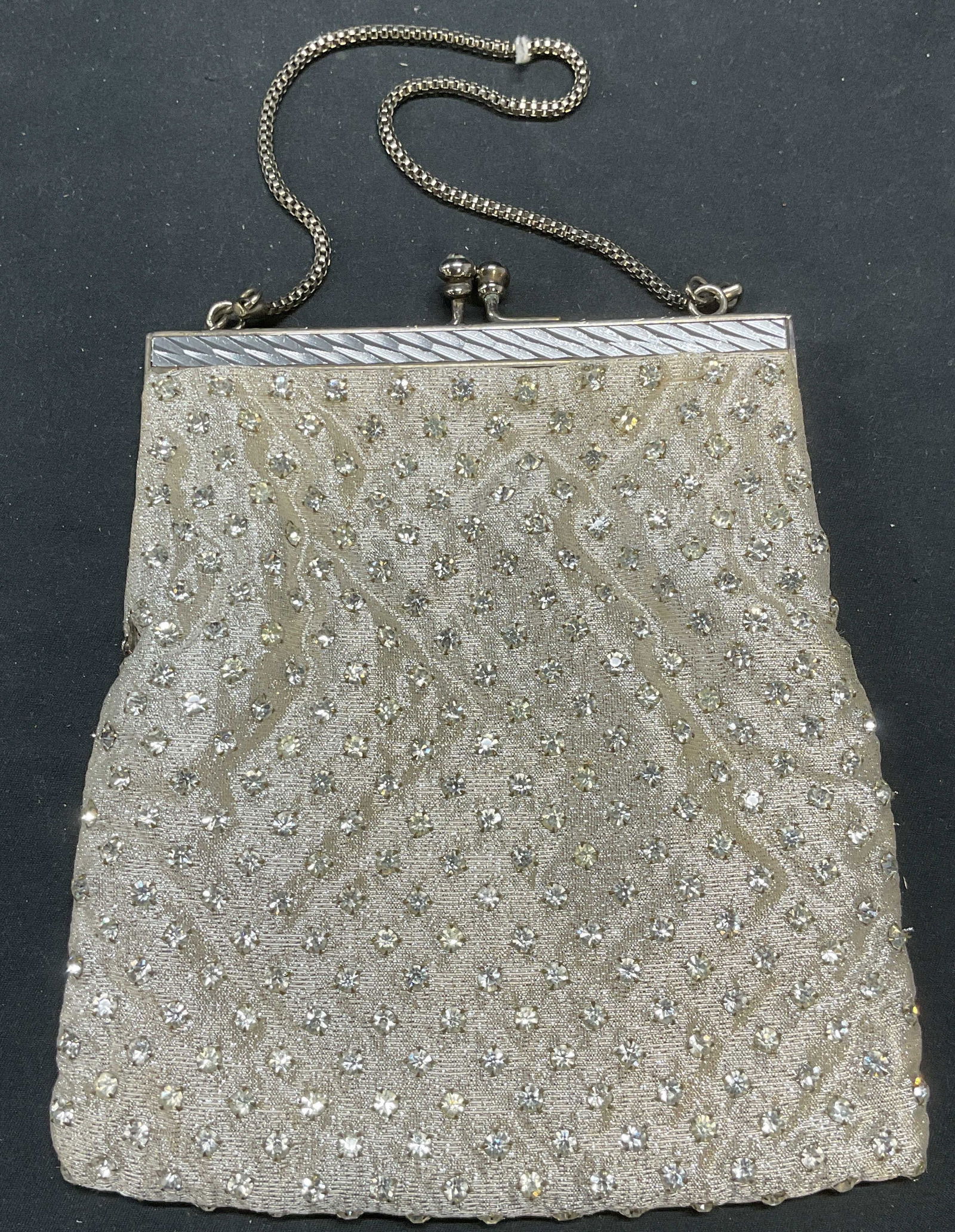 Vintage Metallic Silver Satin Crystal Handbag (1 of 6)