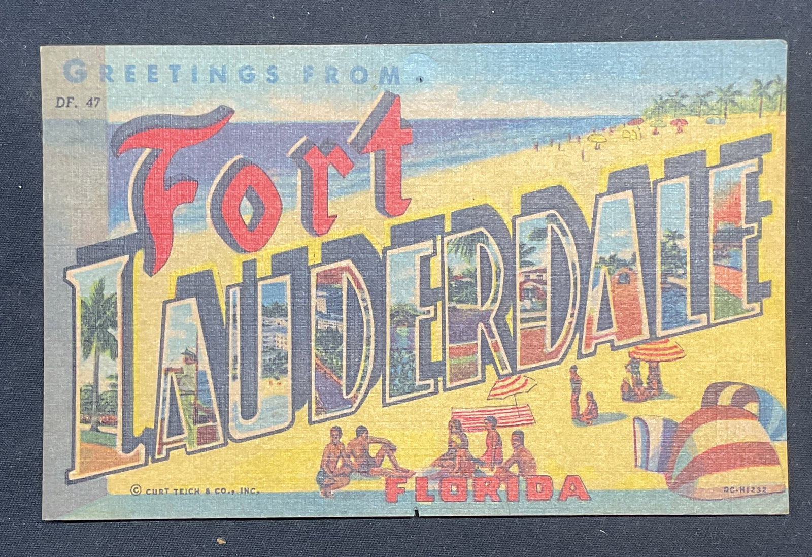1960 Fort Lauderdale Florida Souvenir Postcard: 1960 Fort Lauderdale, Florida souvenir travel postcard. Hand written inscription on reverse. Postmarked and stamped. Bead scene with figures. Postcard measures approx 3 3/8 x 5 3/8 inches. General sur
