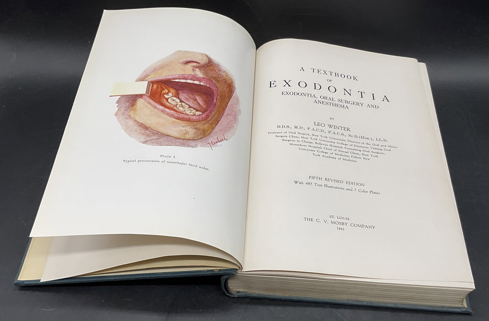 1943 TEXTBOOK OF EXODONTIA Illustrated Book: 1943 TEXTBOOK OF EXODONTIA Illustrated Book. By Leo Winter. Fifth Revised Edition. Published by The CV Mosby Company 1943. Measures approx.10L x 7.25W in. Surface wear, discoloration, and warping pres