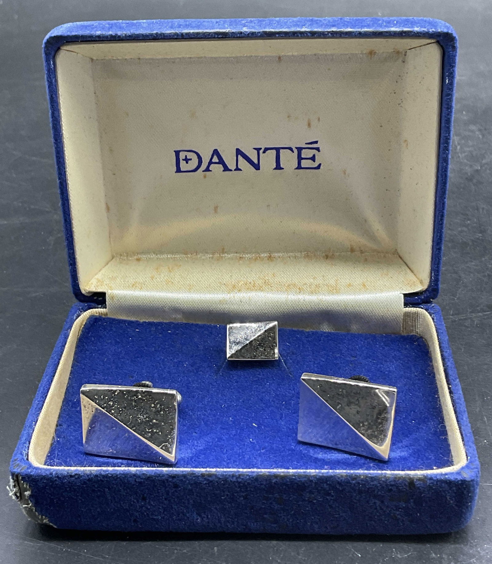 DANTE Vntg Silver Tone Metal Cufflinks & Pin, Box (1 of 8)