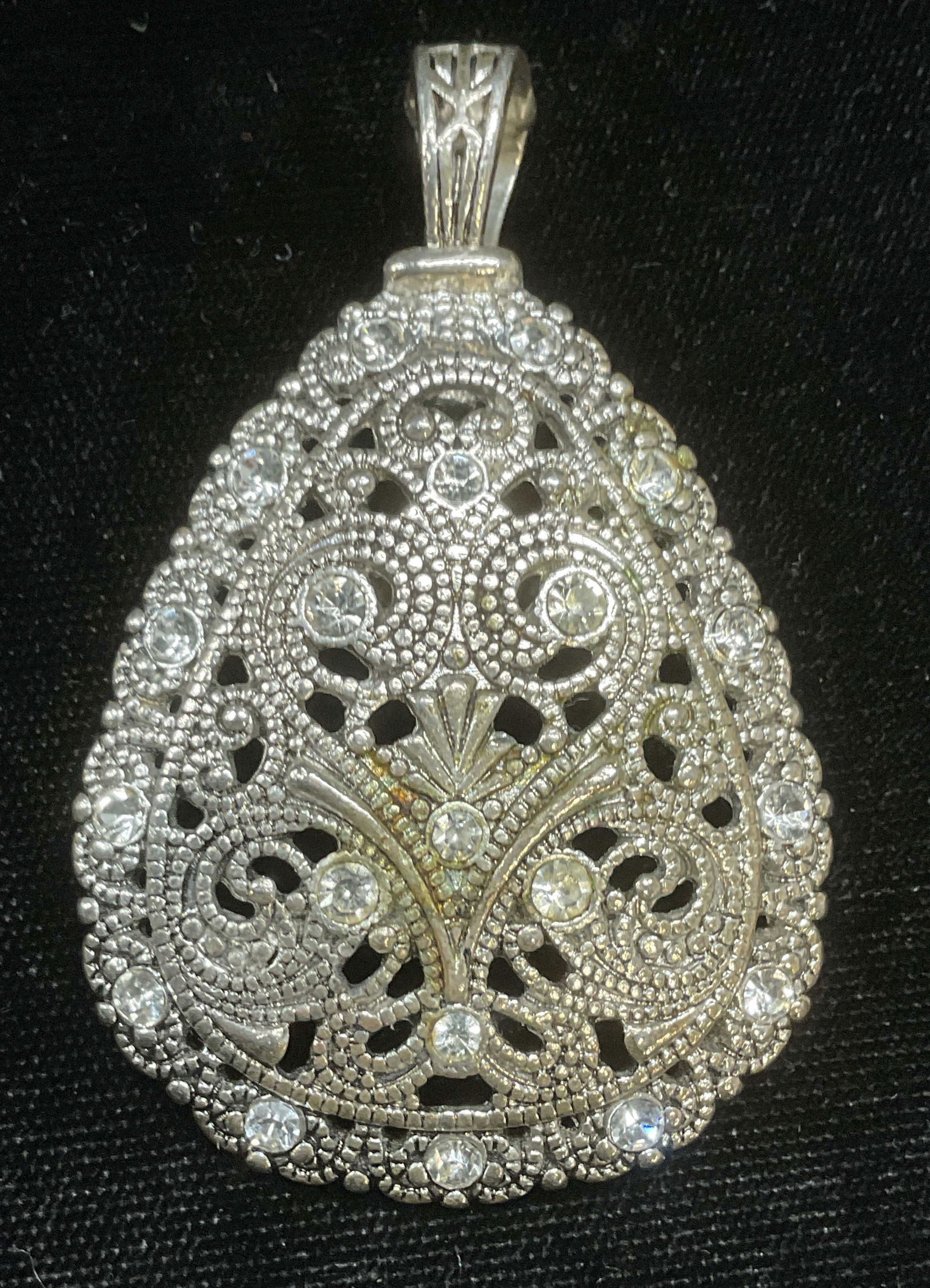 Silver Tone Filigree Crystal Drop Pendant (1 of 6)
