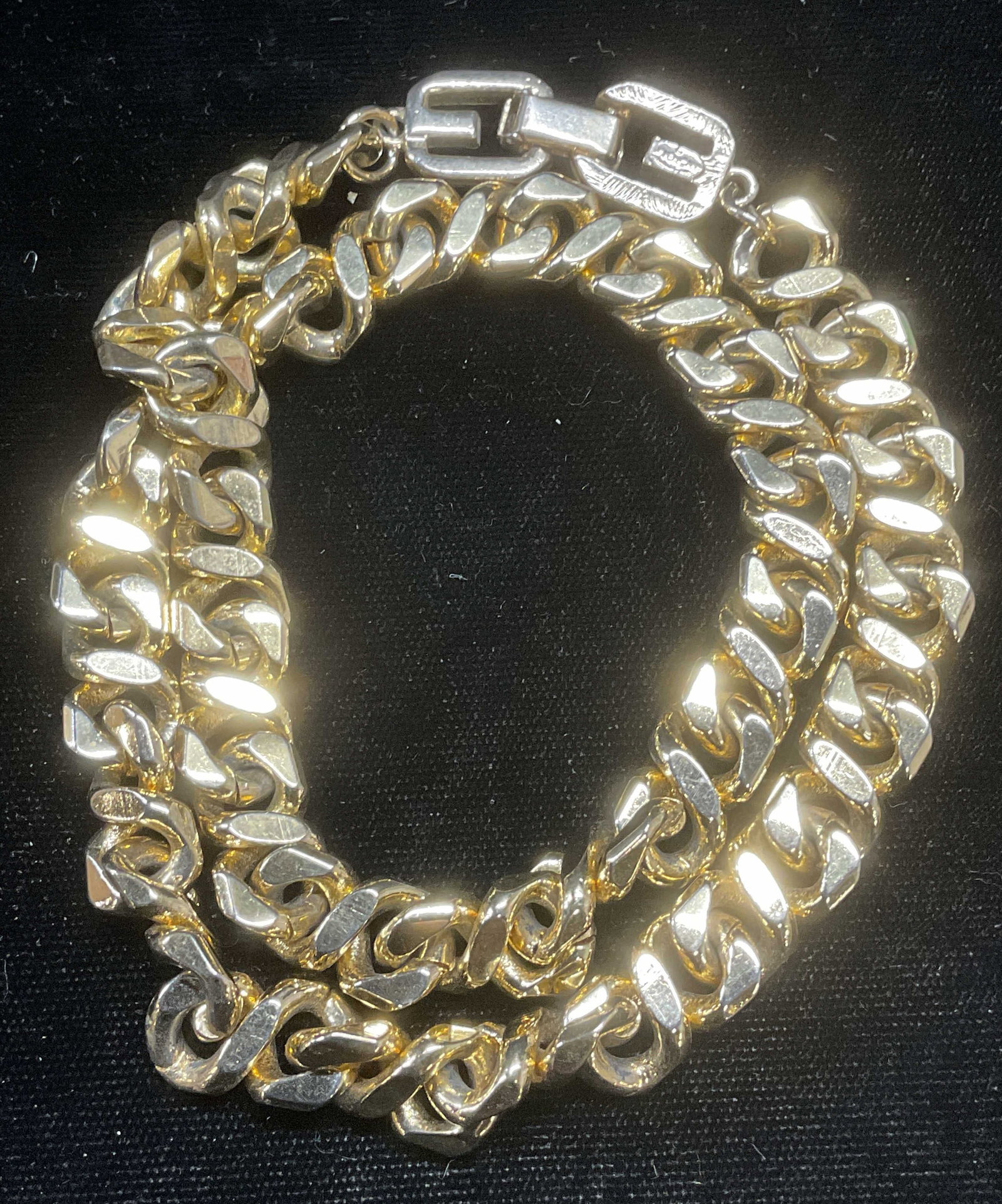 Givenchy Gold Tone Cuban Link Chain Necklace: GIVENCHY gold tone Cuban link chain necklace. Signed on clasp. Drop length approx 8 inches. Necklace has weight. Some wear including scratching observed. Jewelry, estate jewelry, costume jewelry, cock
