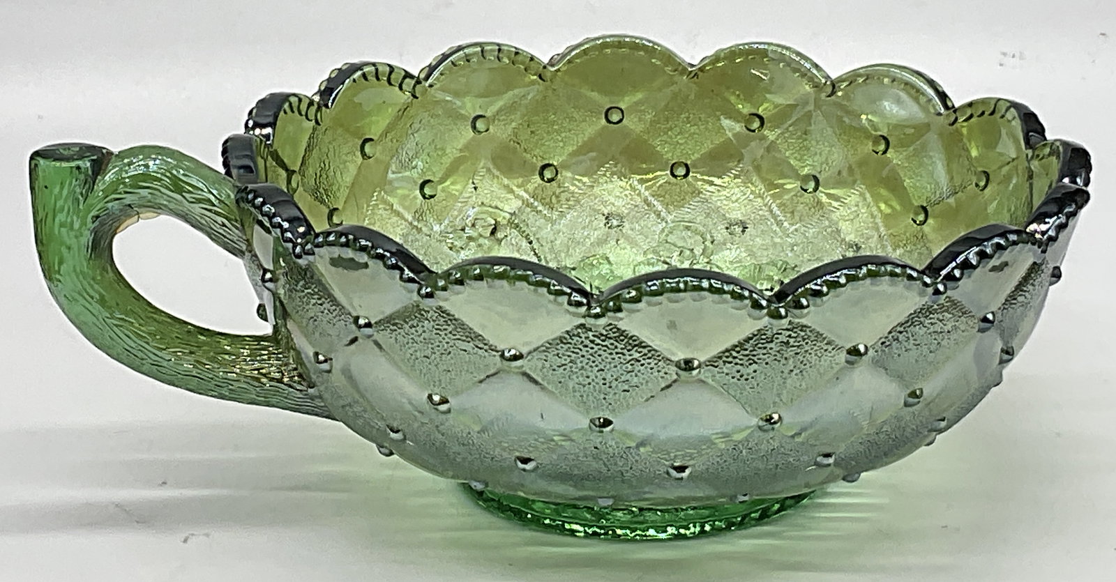 Vintage Green Carnival Glass Handled Nappy Bowl (1 of 9)