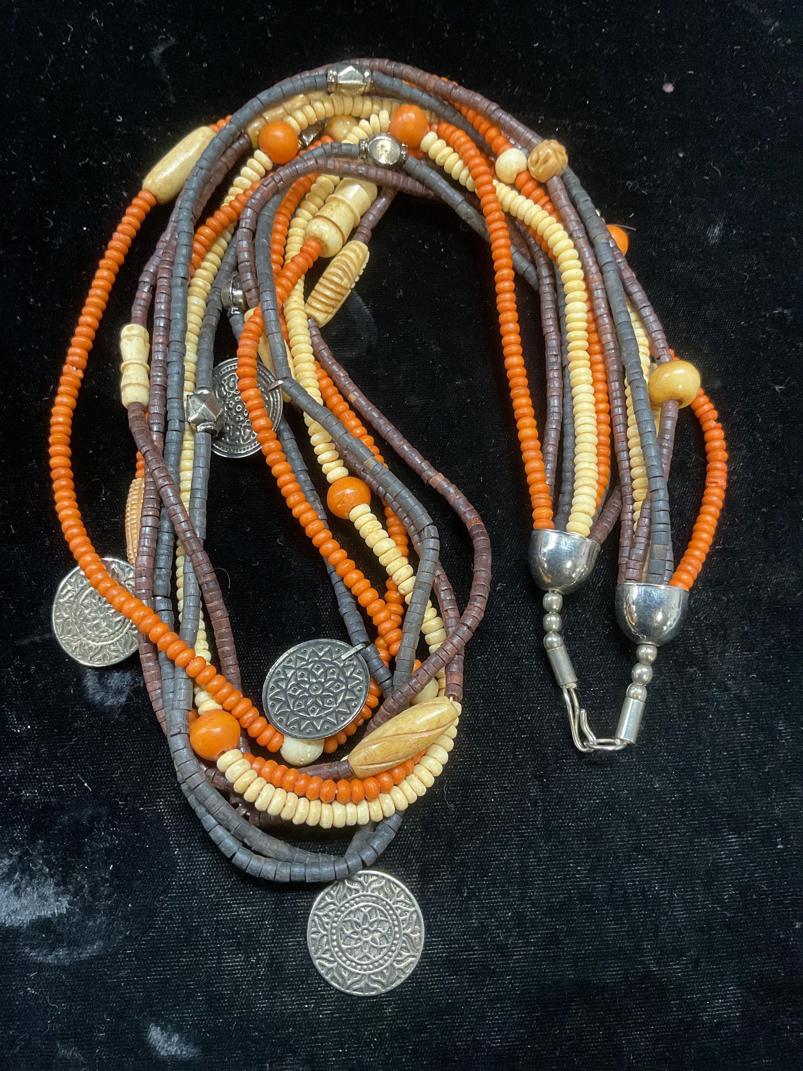 Vintage Wood Beaded Silver Tn Coin Necklace (1 of 6)