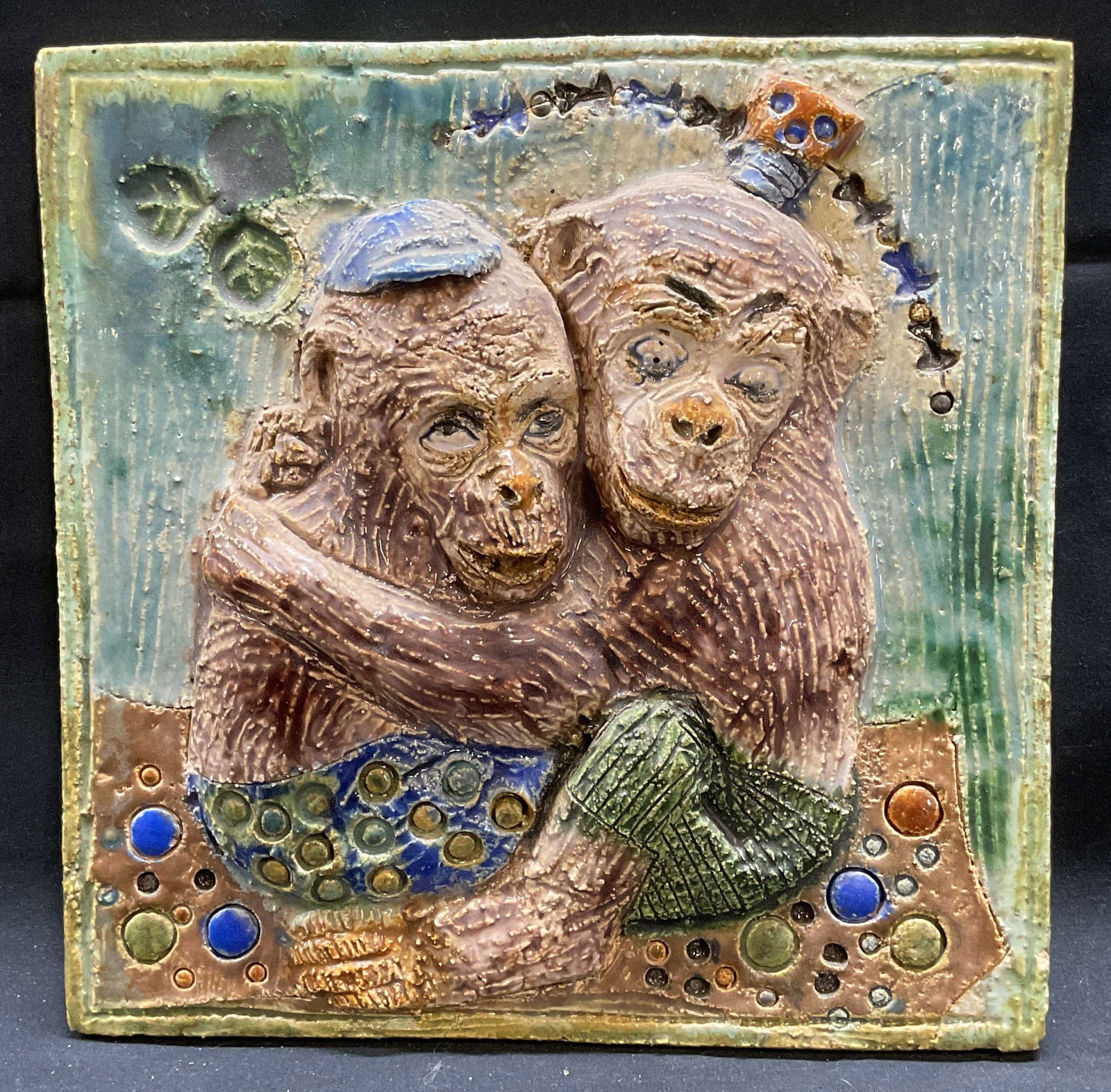 Hand Painted Ceramic Monkey Relief Plaque (1 of 6)