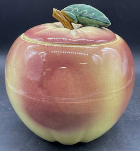 MCCOY POTTERY USA Vintage Apple Form Jar, Lidded: MCCOY USA Vintage Apple Form Pottery Jar. Lidded. Underside reads MCCOY USA. Measures approx. 8H x 7W in. Chipping, crazing, pitting, surface wear, and discoloration present. home decor, home
