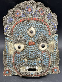 Vntg Tibetan Mahakala Three Eye Glass & Brass Mask