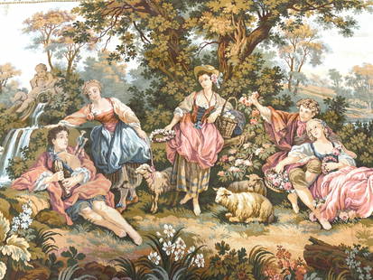 JP PARIS Aubusson Style Wall Tapestry: Tapestry appears to be JP PARIS (No apparent markings). Wall tapestry is vintage. Piece has Aubusson style. Depicts couples outdoors and sheep. Piece measures approx 109 inches long 59 inches