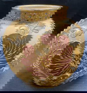 Vintage Wedgwood Gilt Floral Earthenware Vase: Vintage, possibly antique, Wedgwood Ware earthenware vase. Raised floral and acanthus scroll motif. Hand painted, deep rust red and gilt. Signed with Portland Vase mark. Measures approx 6.5 x 6.5