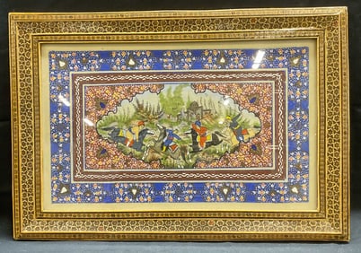 Signed Polo Game Persian Tile Style Painting