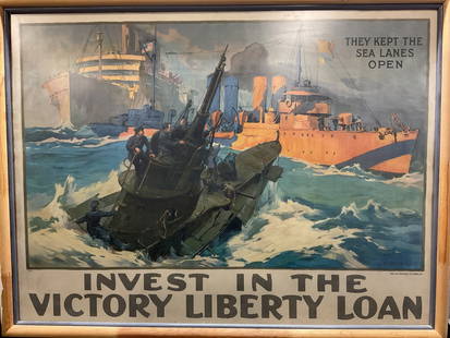 1918 WWI Liberty Loan US Navy Poster, Shafer: Framed 1918 lithograph poster. World War I propaganda poster. Reads They Kept The Sea Lanes Open, Invest In The Victory Liberty Loan. Artwork by Leon Alaric Shafer. U. S. Navy destroyer
