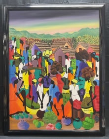 Signed David Saintus Haitian Market Oil Painting