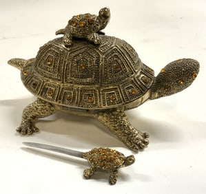 BOMBAY CO 2 Pc Brass W Rhinestones Turtle Desk Set