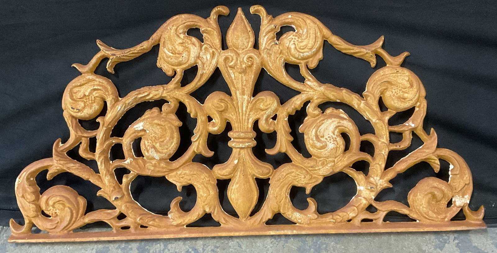 Vintage Scrolled Iron Decor / Iron Accent: Vintage Scrolled Iron Decor / Iron Accent. Weighty. Measures approx. 24.5W x 12.5L in. Discoloration and surface wear present. Painted white hued finish to reverse. home decor, home accents, homewares