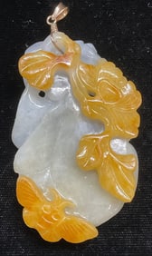Carved Jade Butterfly & Flower Pendant, 14k Gold