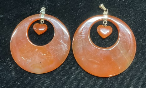 Pair Red Agate Round Heart Pendants