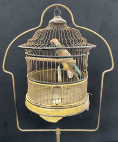 Vtg Standing Metal Birdcage W/ Feather Bird Figure