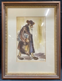 Signed David Gilboa Rabbi Watercolor Painting