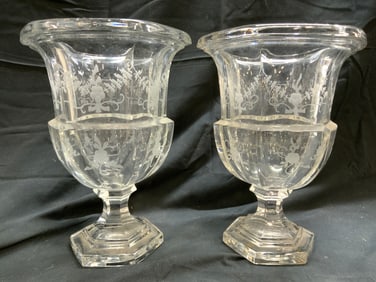 TIFFANY & CO Pr Biedermeier Etched Crystal Vases