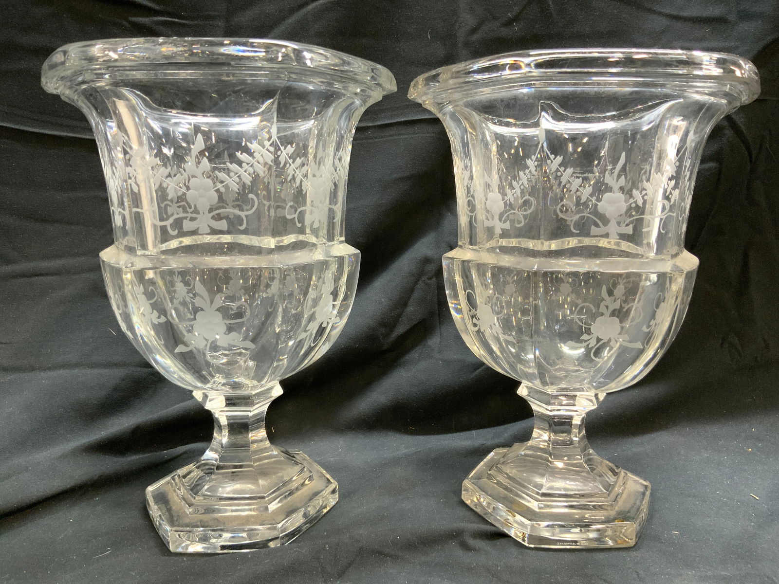TIFFANY & CO Pr Biedermeier Etched Crystal Vases (1 of 9)
