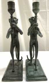 MAITLAND SMITH Pr Brnz Monkey Torch Candlesticks