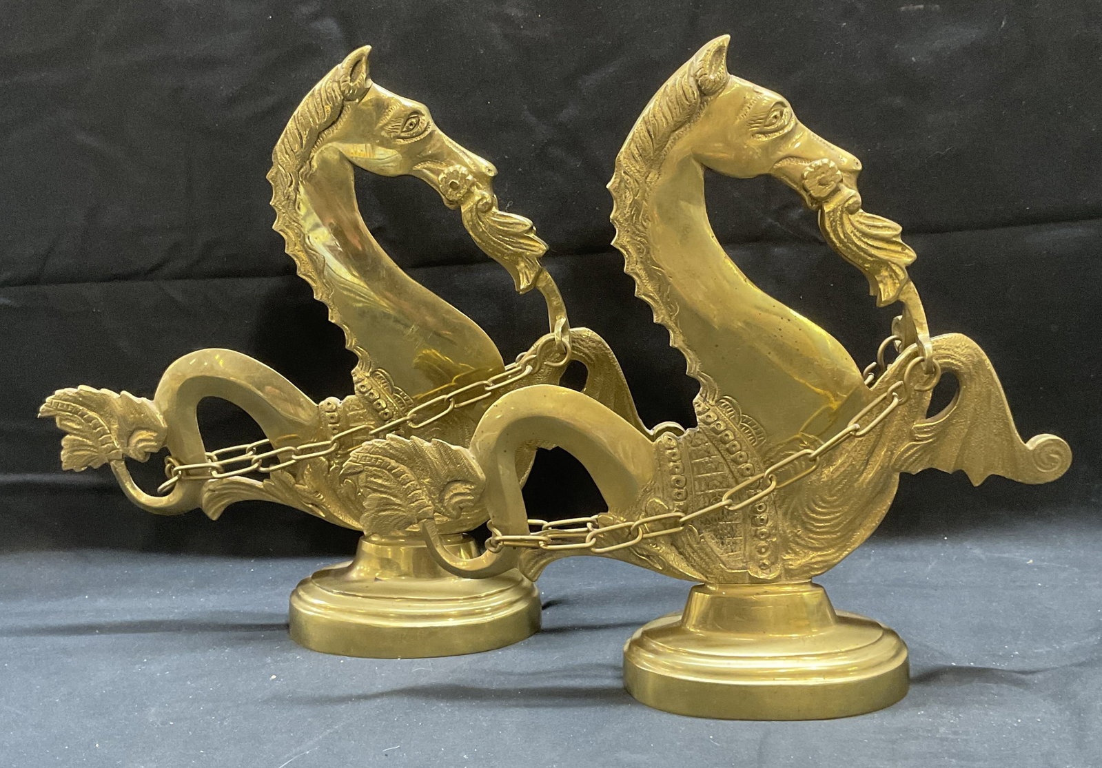 Pair Venetian Brass Gondola Seahorse Locks: Pair of Venetian brass seahorse motif gondola oar locks. Measure approx 12.5 x 2.5 x 11.5 inches. Some wear including scratching observed. Seahorse, brass seahorse, Venetian brass seahorse, Venetian s