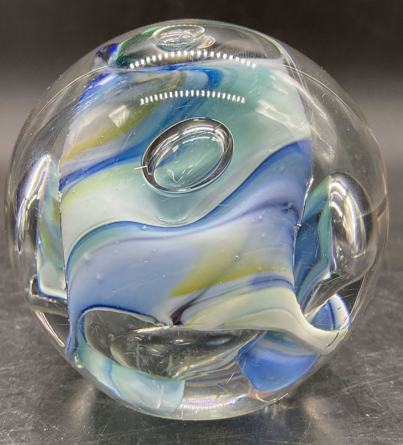 AY Signed Swirled Blue Art Glass Paperweight (1 of 8)