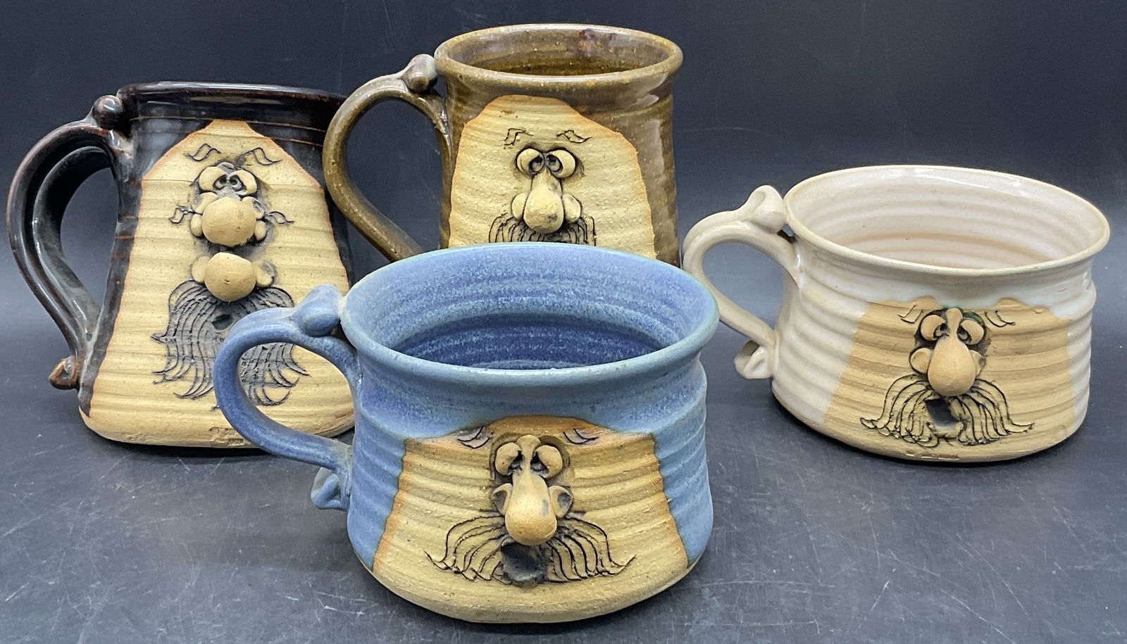 4 Vintage Ugly Funny Face Handmade Pottery Mugs (1 of 9)