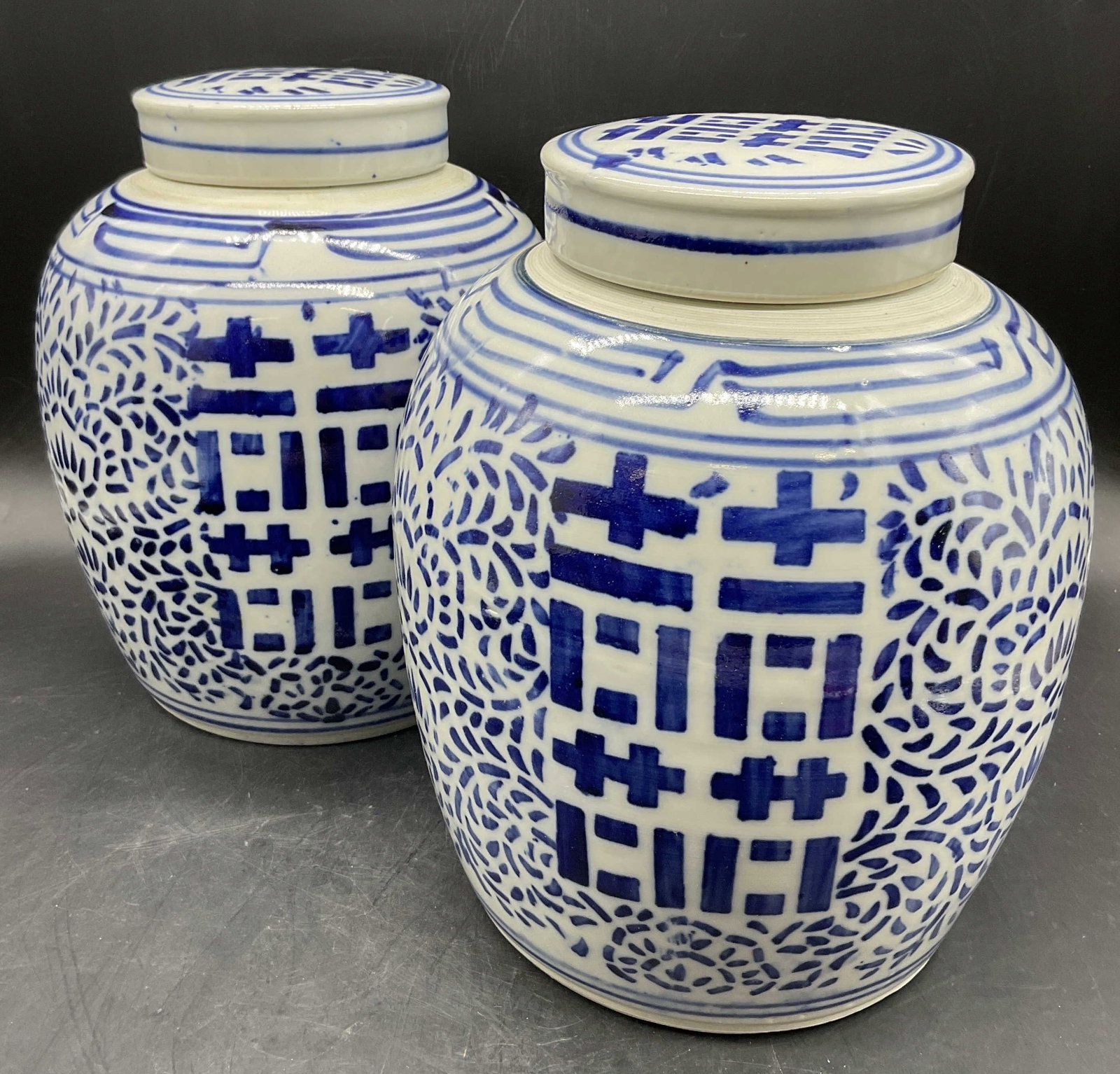 Pair Signed Blue & White Asian Ceramic Ginger Jars (1 of 10)