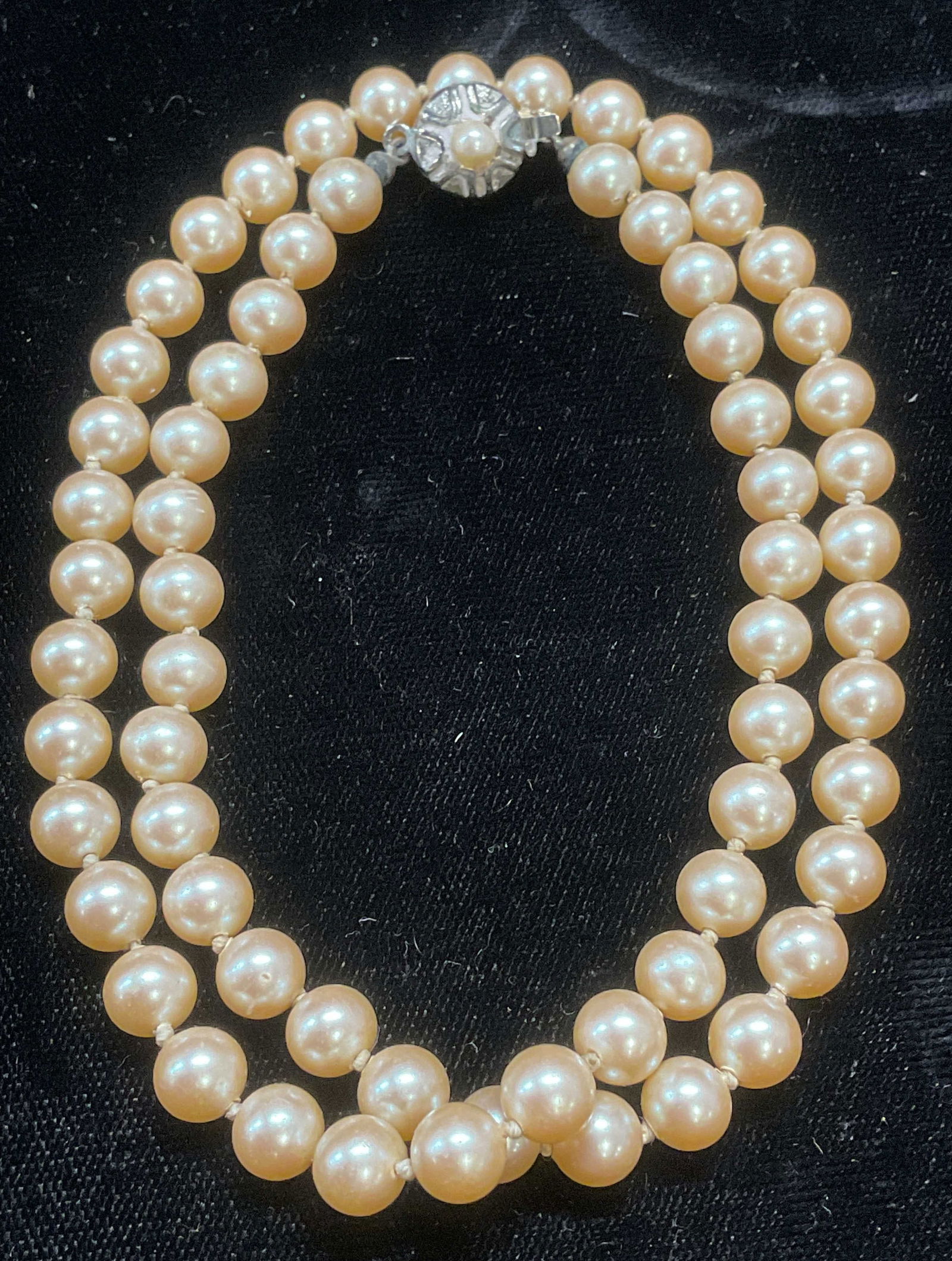 Vintage 835 Silver Faux Pearl Necklace: Vintage faux pearl beaded necklace on double knotted string. 835 silver clasps. Marked 835. Drop length approx 9 inches. Some wear including scratching observed. Jewelry, estate jewelry, costume jewel
