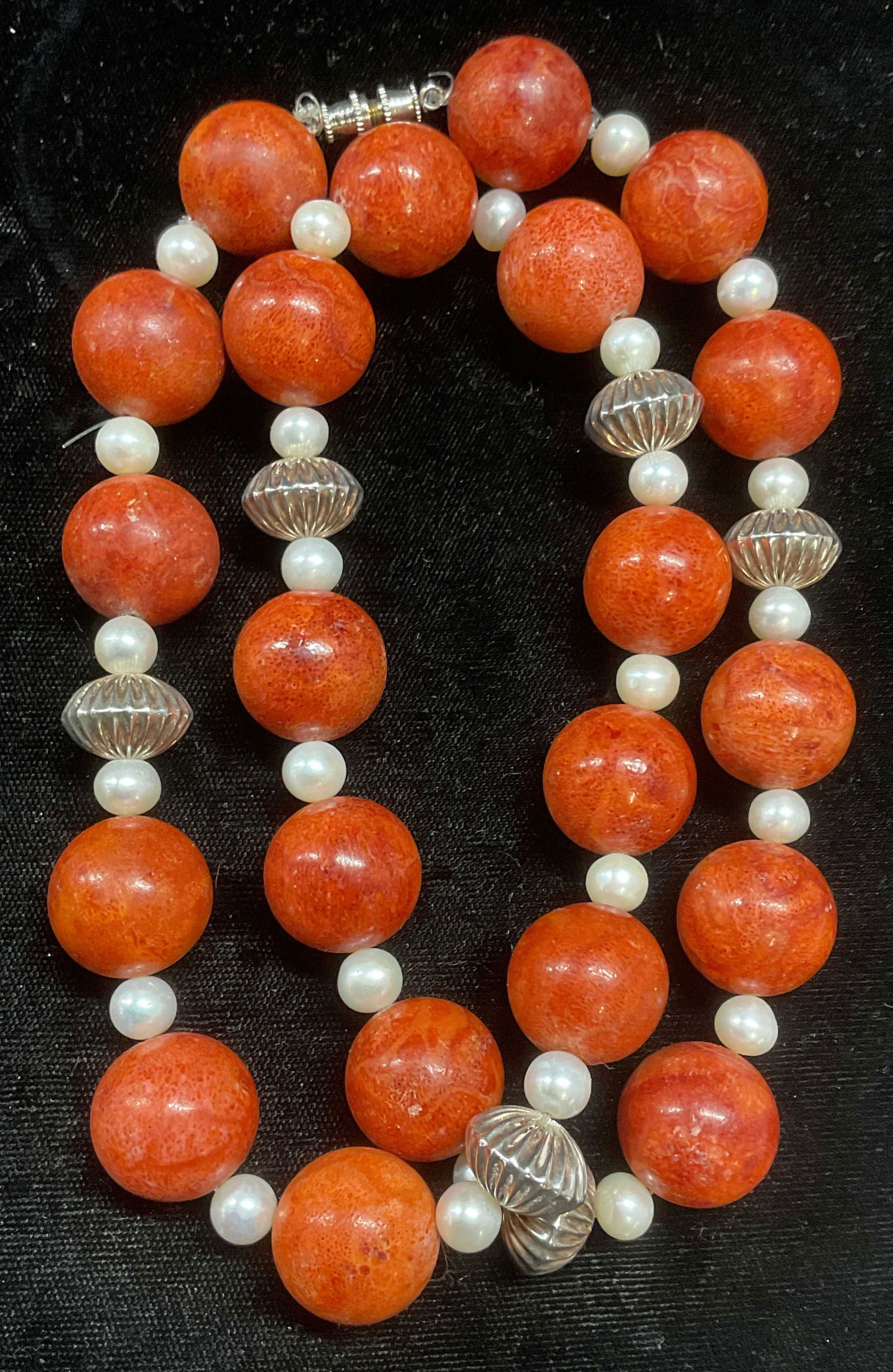 Vtg Coral, Pearl, Sterling Silver Necklace: Vintage beaded necklace with round red coral, white pearl, and ribbed sterling silver beads. Beads test for silver. Drop length approx 12 inches. Total weight 145 grams. Some wear including scratching