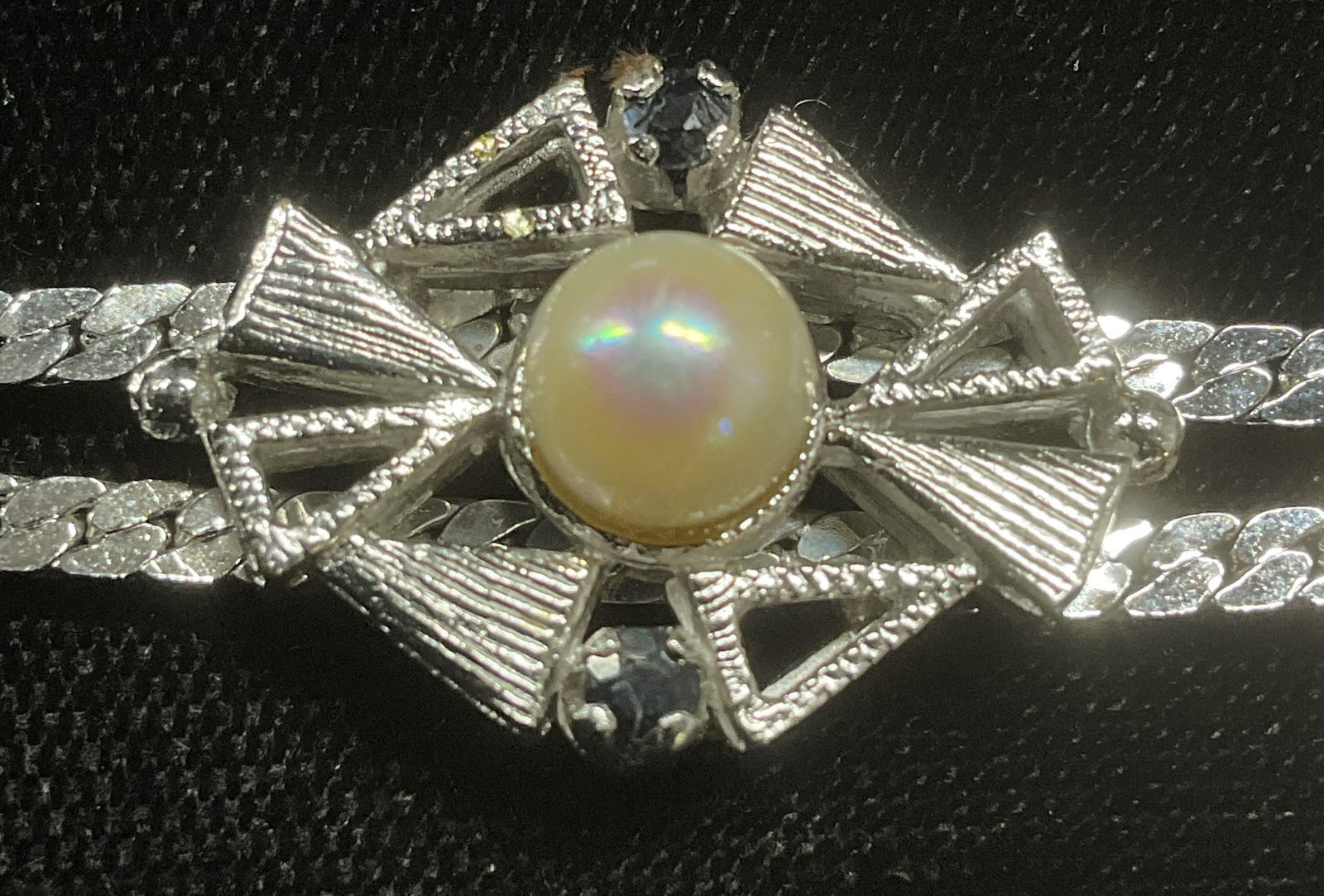 Vtg 835 Silver Topaz, Pearl Chain Bracelet: Vintage 835 silver double chain bracelet with topaz and pearl geometric panel. Marked 835. Measures approx 6.75 inches long. Total weight 10.9 grams. Some wear including scratching observed. Jewelry,