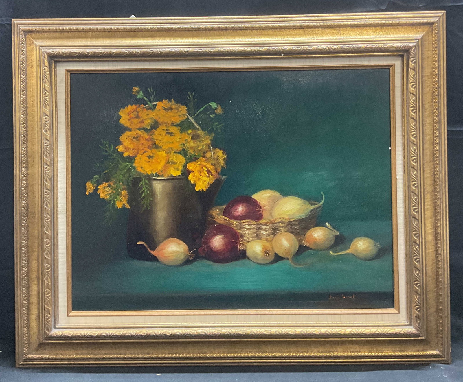 Doris Borst Onions Still Life Oil Painting: Framed and signed oil painting by Doris Borst. Signed at lower right. Still life scene with yellow flowers and onions in basket on blue background. Framed in gilt wood frame. Not examined out of frame