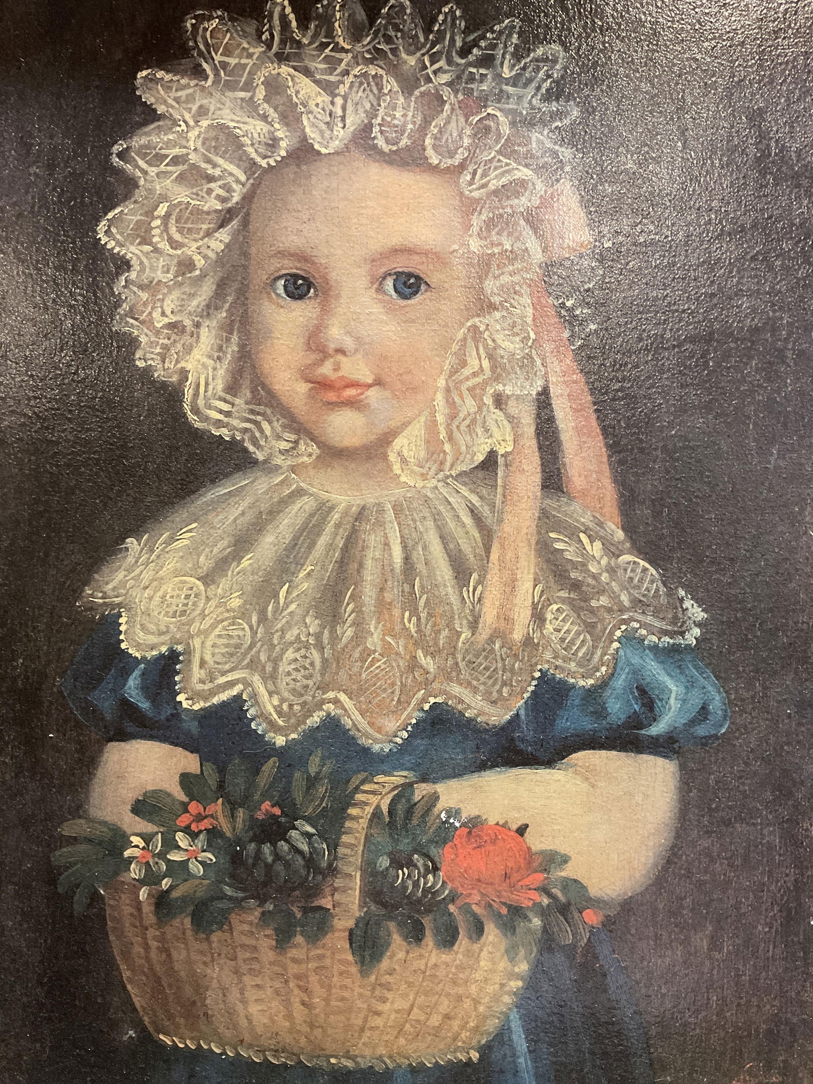 Framed Early American Artist Girl w Flowers Repro (1 of 7)