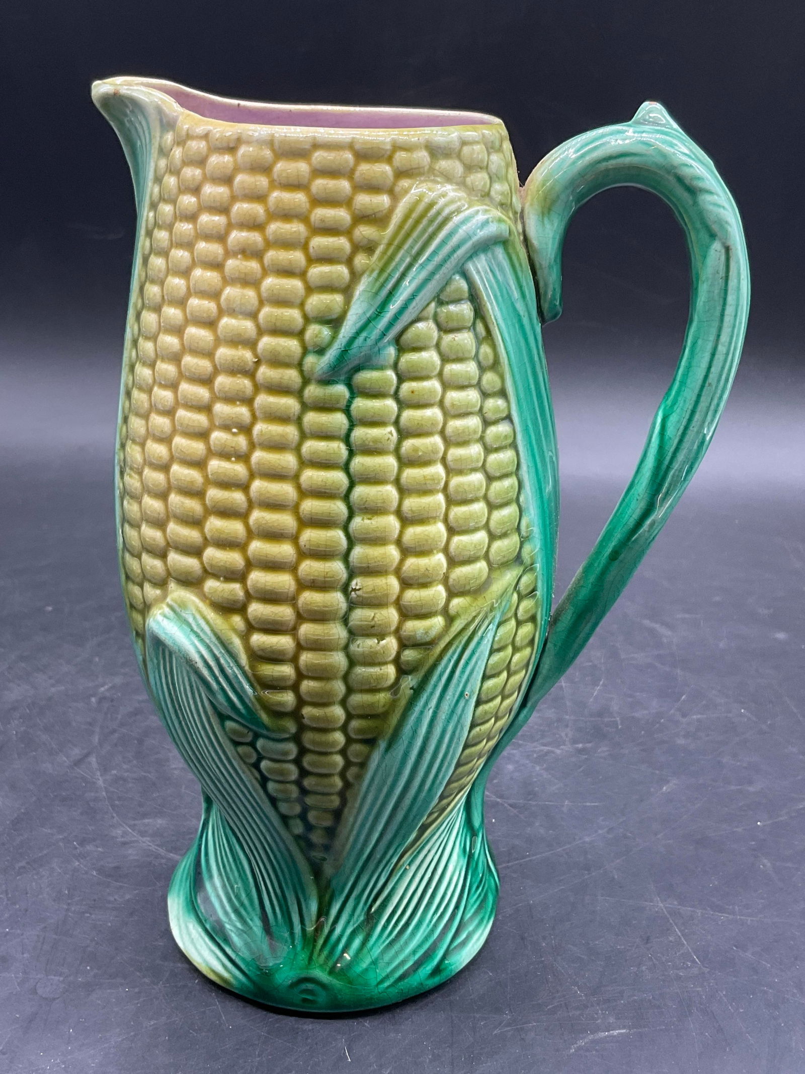 Vntg Ceramic Majolica Corn Pitcher, Pink Interior (1 of 8)