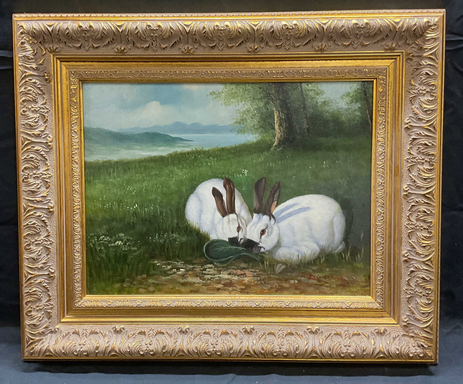 Signed Roy Plank Two White Rabbits Oil Painting (1 of 7)